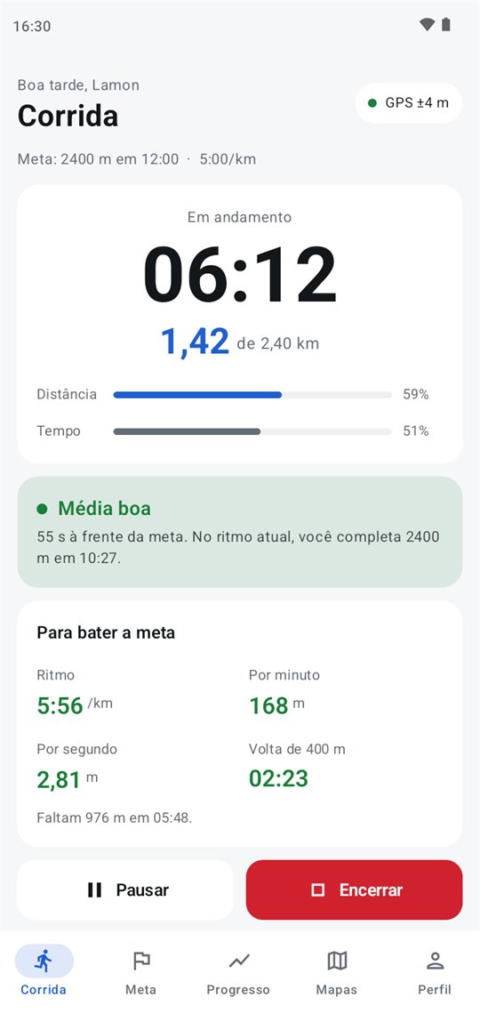 Tela de corrida com tempo, distância e a avaliação Média boa